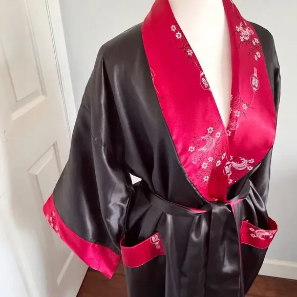VTG Embroidered Dragon Reversible Satin Kimono Robe Asian Print Smoking Jacket S - Picture 11 of 16
